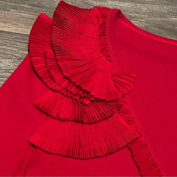 Vtg 90s Rafaella Red Pleated Ruffle Embellished Chiffon Shoulder Knit cardigan S - Picture 3 of 9